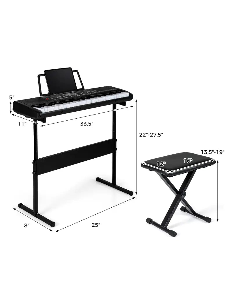 61 Keys Beginners Piano Keyboard Electric Keyboard Kit with Adjustable Stand and Stool-Black - Black - Pianos &