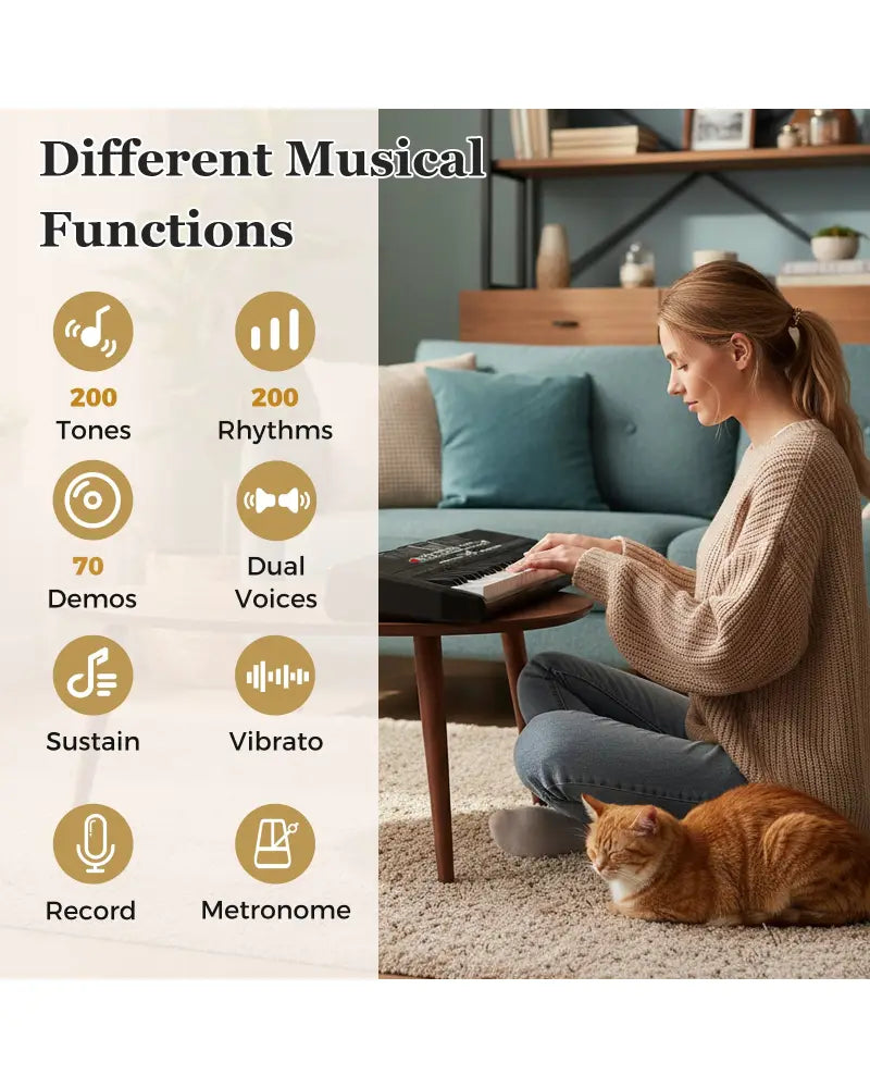 61 Keys Beginners Piano Keyboard Electric Keyboard Kit with Adjustable Stand and Stool-Black - Black - Pianos &
