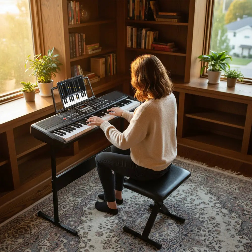 61 Keys Beginners Piano Keyboard Electric Keyboard Kit with Adjustable Stand and Stool-Black - Black - Pianos &