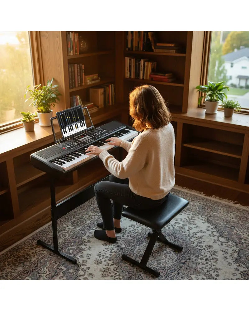 61 Keys Beginners Piano Keyboard Electric Keyboard Kit with Adjustable Stand and Stool-Black - Black - Pianos &