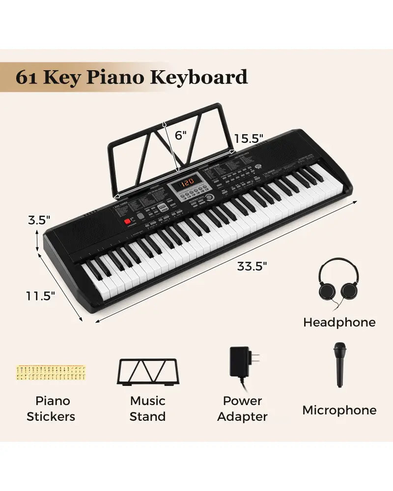 61 Keys Portable Keyboard for Beginners Electric Piano Keyboard Kit with 200 Rhythms and 200 Tones-Black - Black