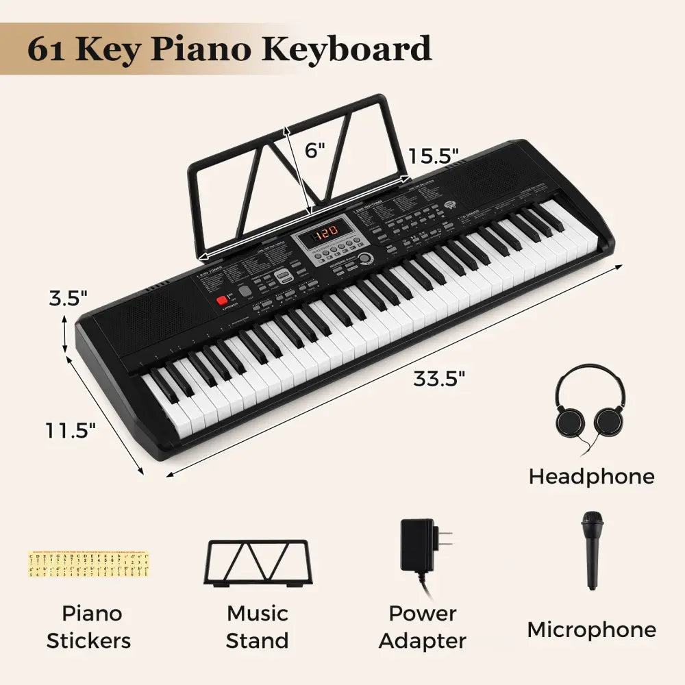 61 Keys Portable Keyboard for Beginners Electric Piano Keyboard Kit with 200 Rhythms and 200 Tones-Black - Black
