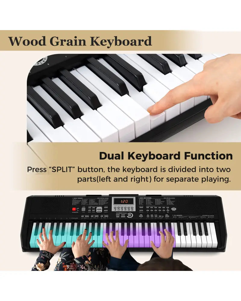 61 Keys Portable Keyboard for Beginners Electric Piano Keyboard Kit with 200 Rhythms and 200 Tones-Black - Black