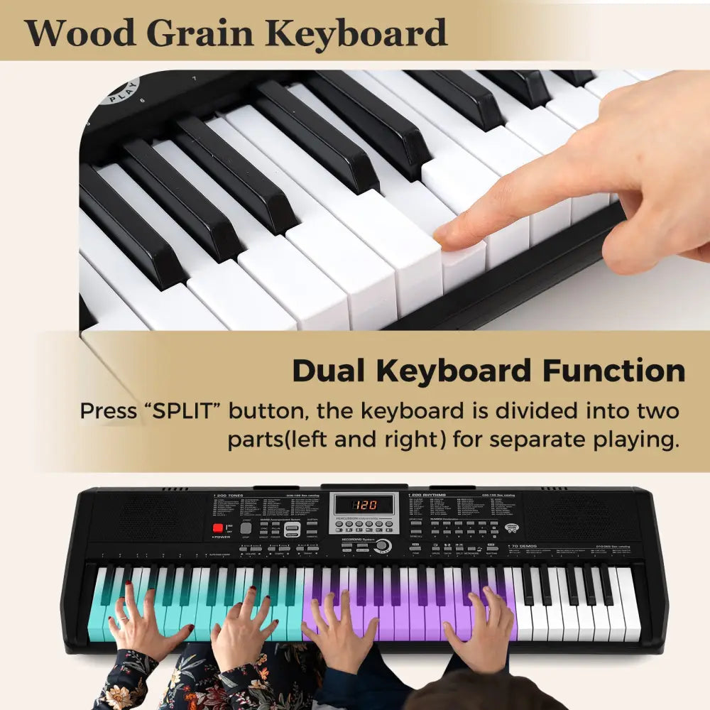 61 Keys Portable Keyboard for Beginners Electric Piano Keyboard Kit with 200 Rhythms and 200 Tones-Black - Black