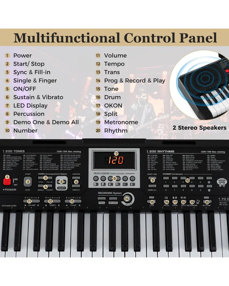61 Keys Portable Keyboard for Beginners Electric Piano Keyboard Kit with 200 Rhythms and 200 Tones-Black - Black