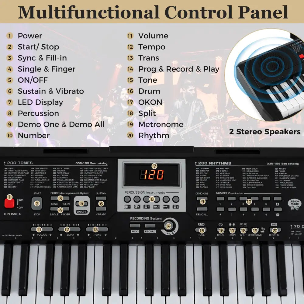 61 Keys Portable Keyboard for Beginners Electric Piano Keyboard Kit with 200 Rhythms and 200 Tones-Black - Black