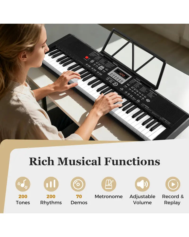 61 Keys Portable Keyboard for Beginners Electric Piano Keyboard Kit with 200 Rhythms and 200 Tones-Black - Black