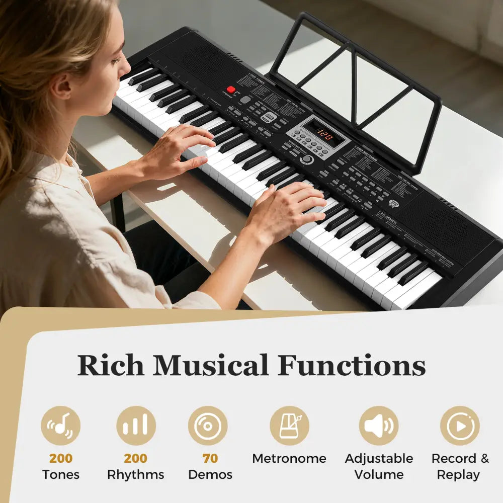 61 Keys Portable Keyboard for Beginners Electric Piano Keyboard Kit with 200 Rhythms and 200 Tones-Black - Black