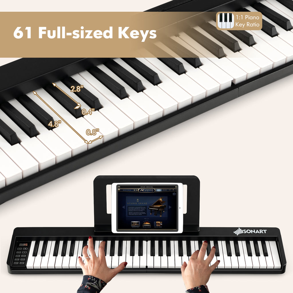 61-Key Folding Piano Keyboard with Full Size Keys and Music Stand-Black