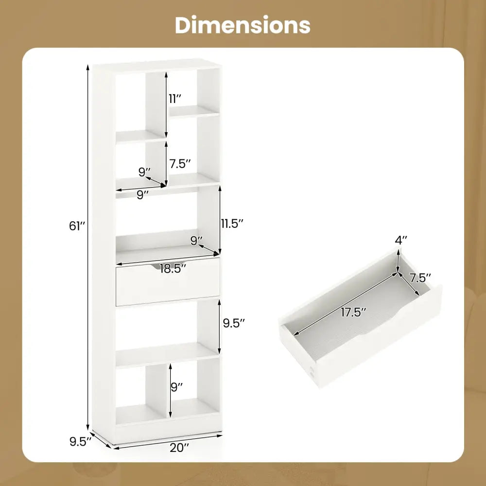 61inch Tall Freestanding Bookcase with Drawer 8-Cube Storage Organizer-White - White - Bookcases