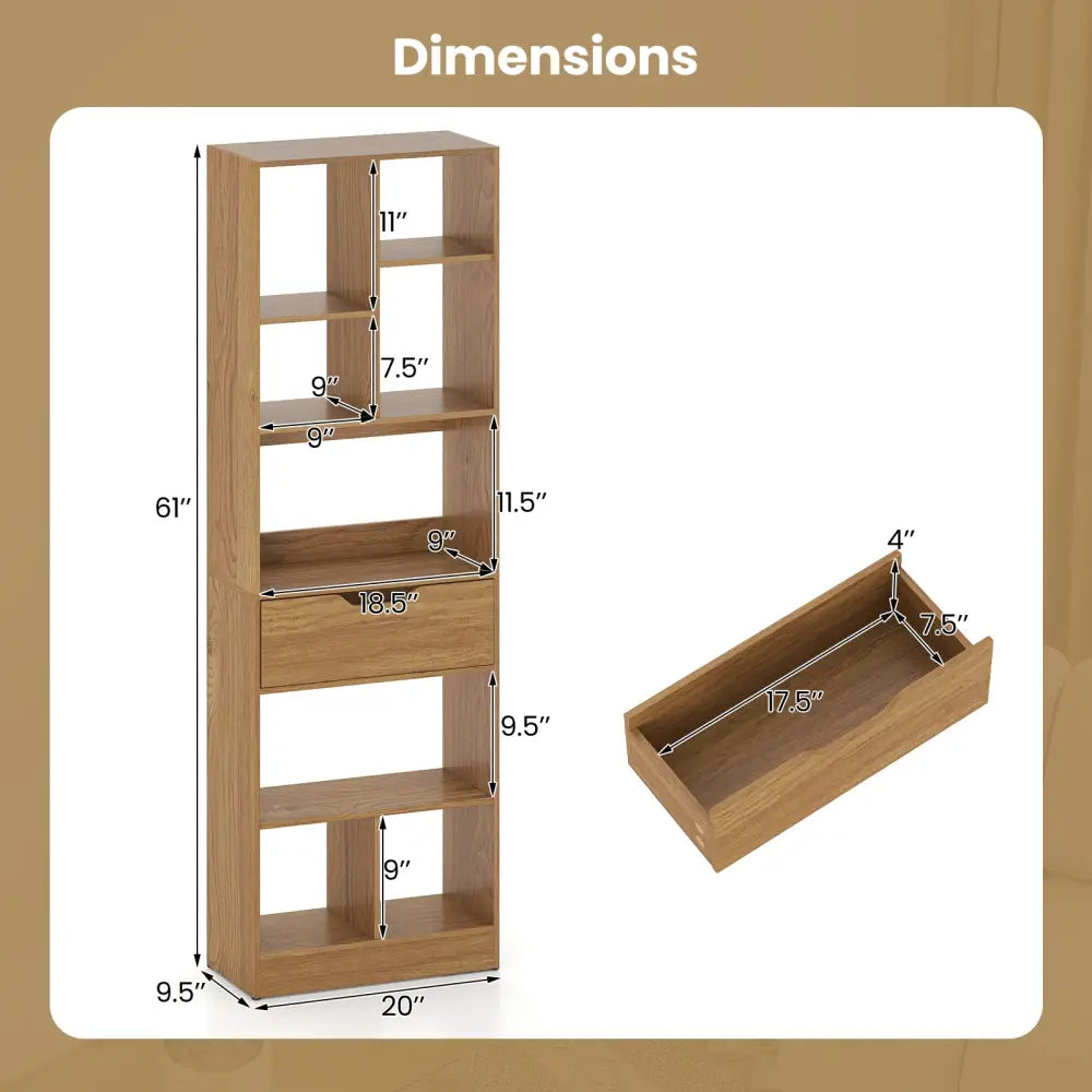 61inch Tall Freestanding Bookcase with Drawer 8-Cube Storage Organizer-Natural - Natural - Bookcases