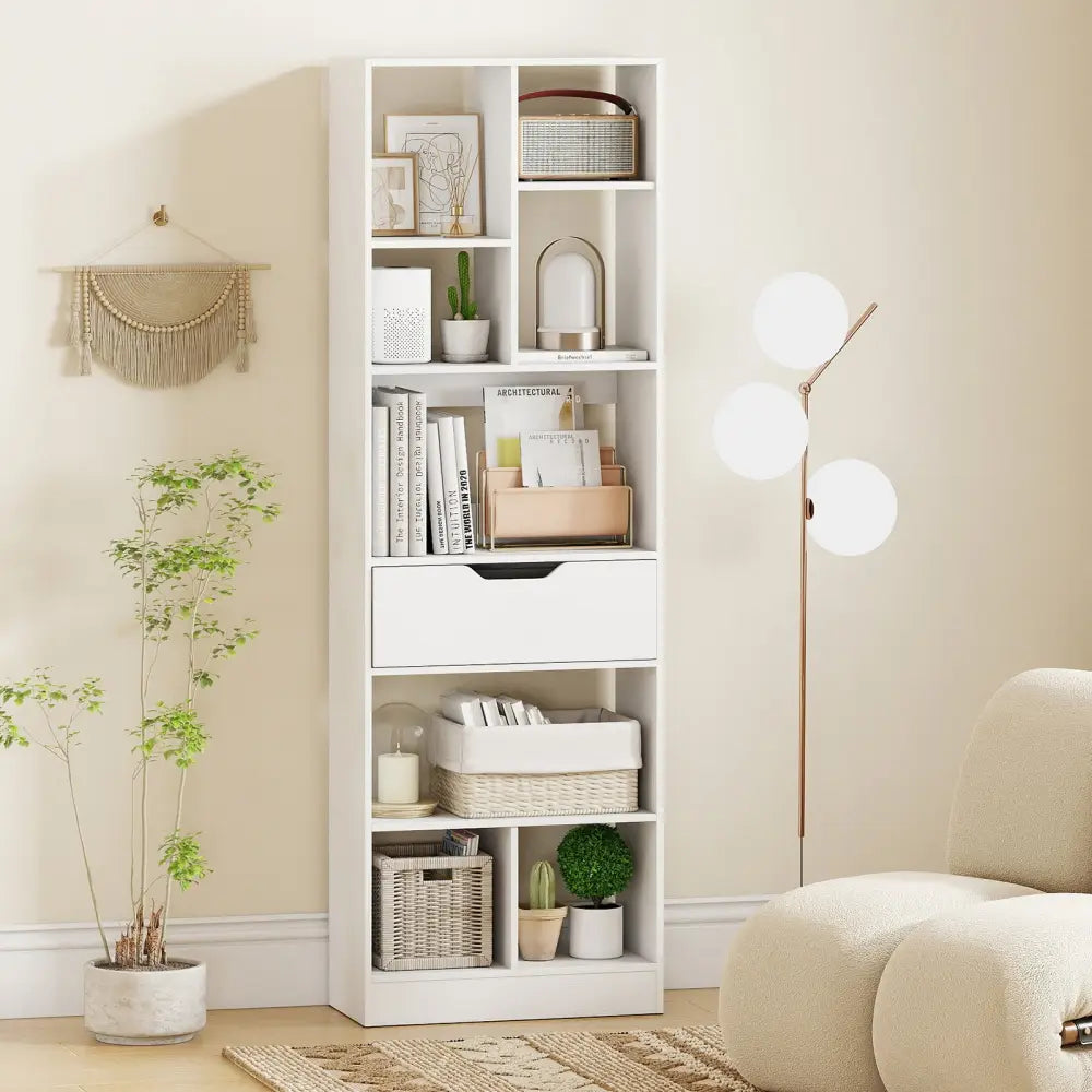 61inch Tall Freestanding Bookcase with Drawer 8-Cube Storage Organizer-White - White - Bookcases