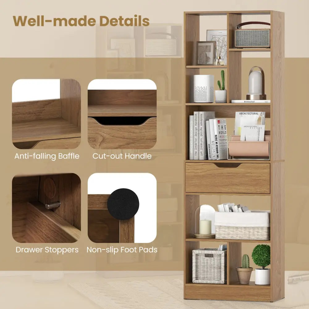 61inch Tall Freestanding Bookcase with Drawer 8-Cube Storage Organizer-Natural - Natural - Bookcases