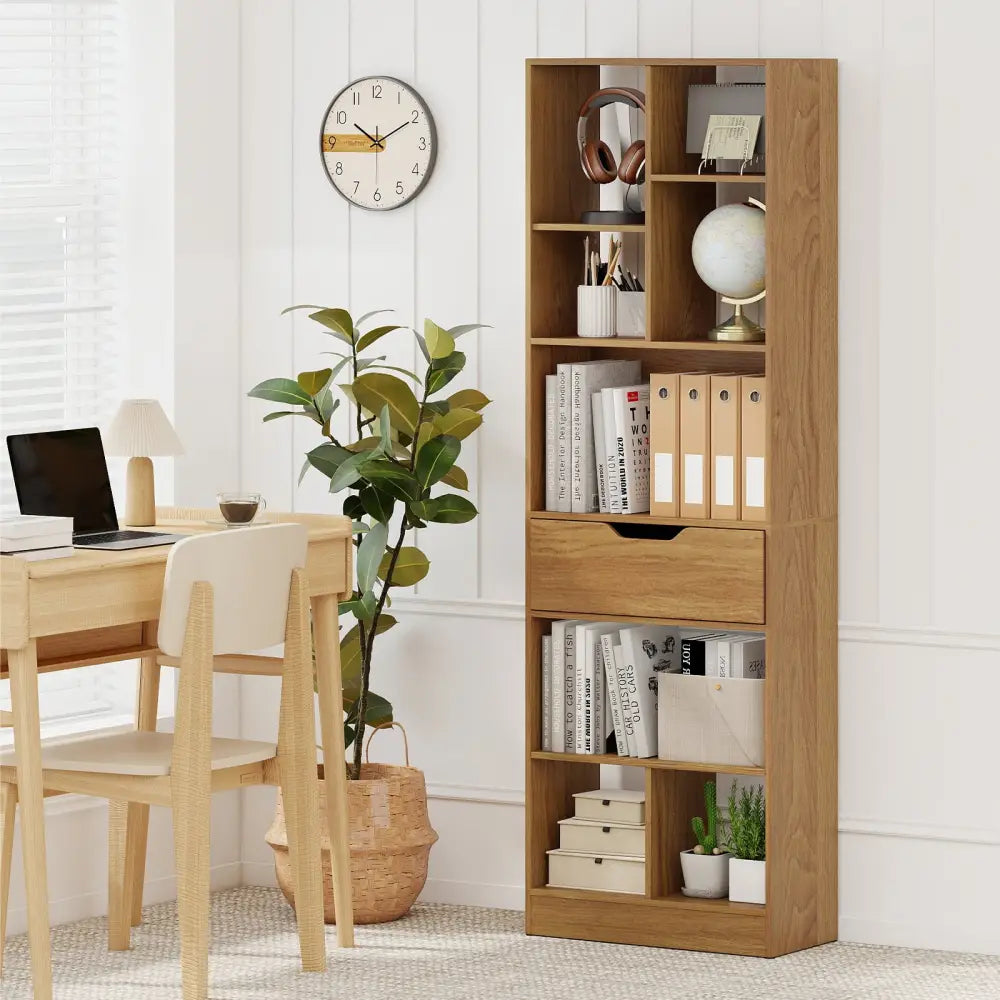 61inch Tall Freestanding Bookcase with Drawer 8-Cube Storage Organizer-Natural - Natural - Bookcases