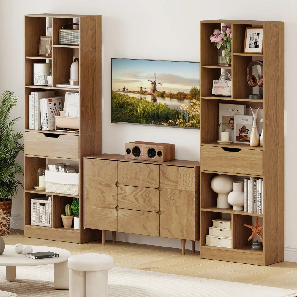 61inch Tall Freestanding Bookcase with Drawer 8-Cube Storage Organizer-Natural - Natural - Bookcases