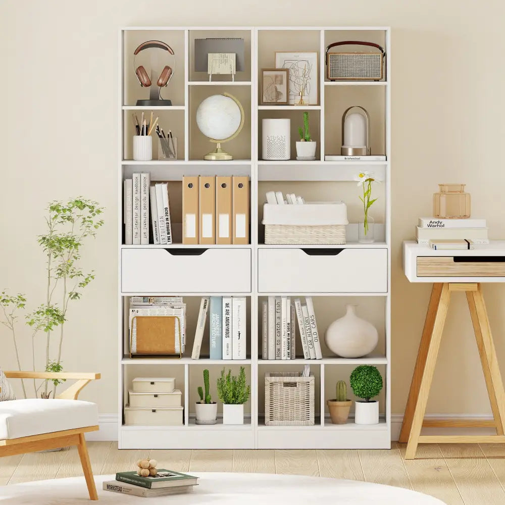 61inch Tall Freestanding Bookcase with Drawer 8-Cube Storage Organizer-White - White - Bookcases