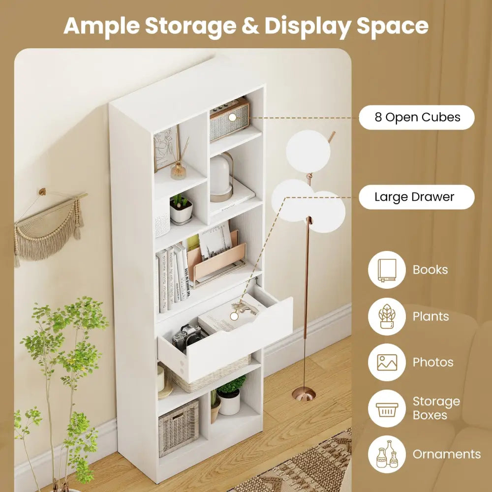 61inch Tall Freestanding Bookcase with Drawer 8-Cube Storage Organizer-White - White - Bookcases