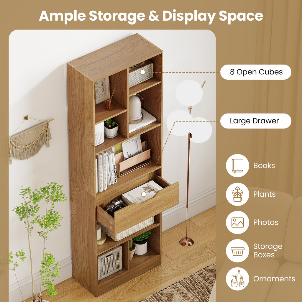 61inch Tall Freestanding Bookcase with Drawer 8-Cube Storage Organizer-Natural