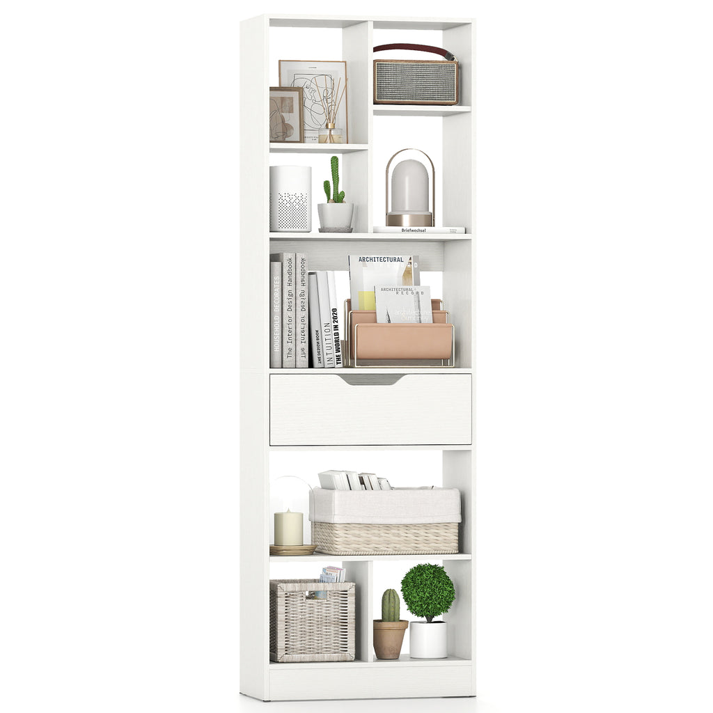 61inch Tall Freestanding Bookcase with Drawer 8-Cube Storage Organizer-White