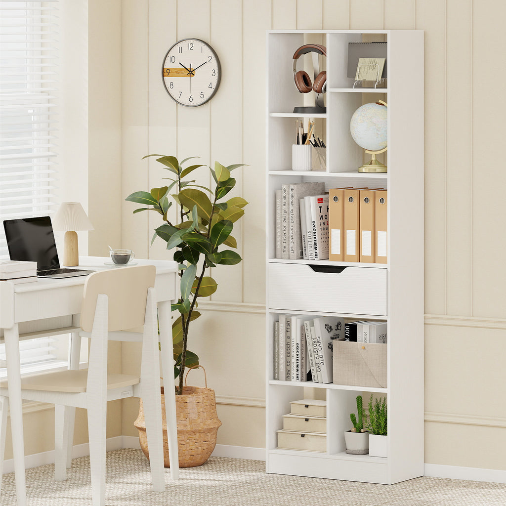 61inch Tall Freestanding Bookcase with Drawer 8-Cube Storage Organizer-White