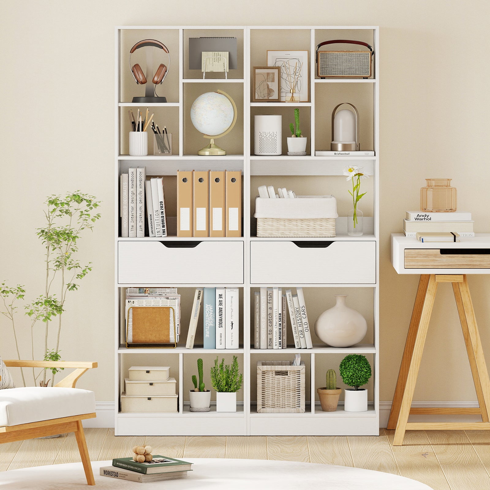 61inch Tall Freestanding Bookcase with Drawer 8-Cube Storage Organizer-White