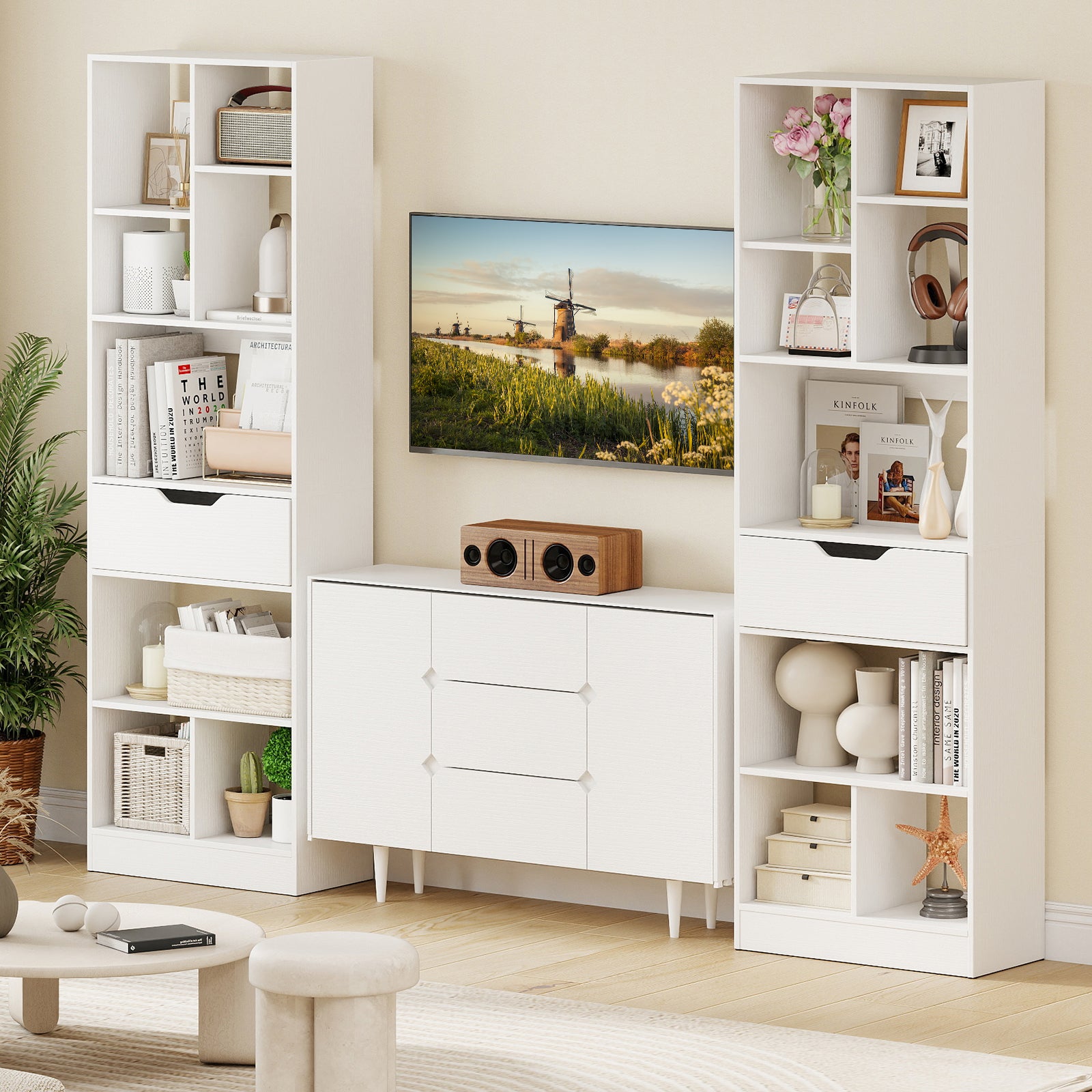 61inch Tall Freestanding Bookcase with Drawer 8-Cube Storage Organizer-White