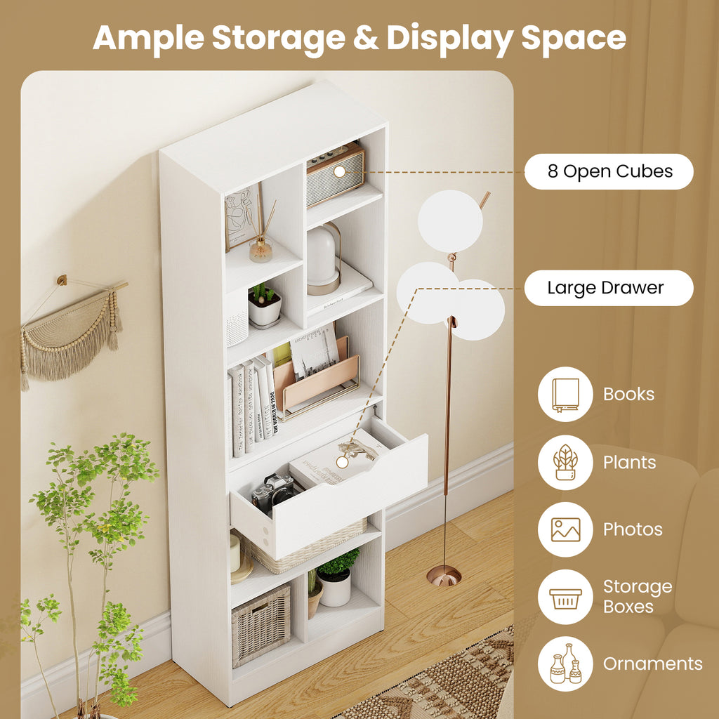61inch Tall Freestanding Bookcase with Drawer 8-Cube Storage Organizer-White
