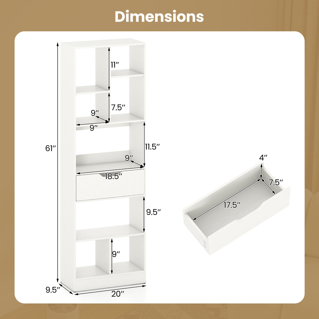 61inch Tall Freestanding Bookcase with Drawer 8-Cube Storage Organizer-White