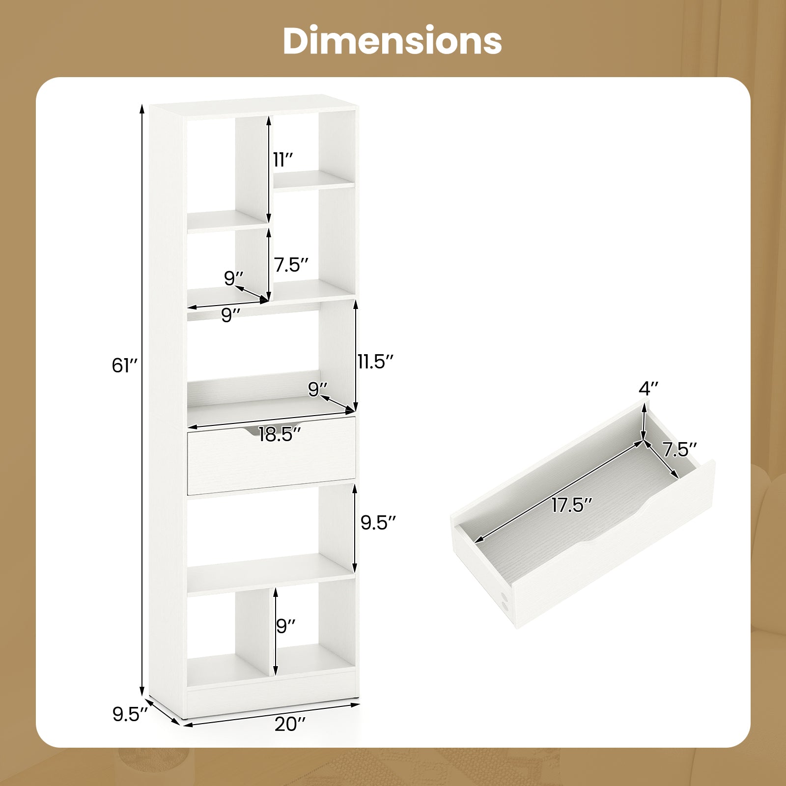 61inch Tall Freestanding Bookcase with Drawer 8-Cube Storage Organizer-White