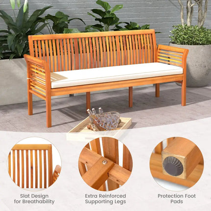 62.5 Inches Patio 3-Seat Wood Bench with Soft Seat Cushions-White - White - Beach & Lawn Chairs
