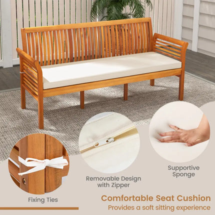 62.5 Inches Patio 3-Seat Wood Bench with Soft Seat Cushions-White - White - Beach & Lawn Chairs