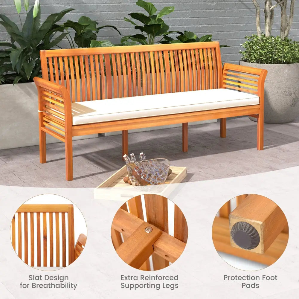 62.5 Inches Patio 3-Seat Wood Bench with Soft Seat Cushions-White - White - Beach & Lawn Chairs