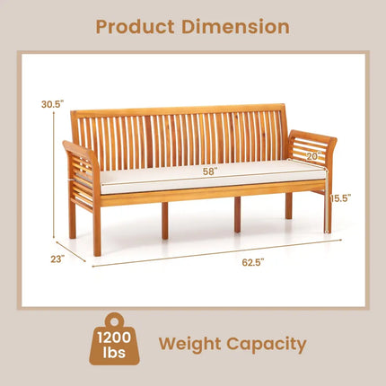 62.5 Inches Patio 3-Seat Wood Bench with Soft Seat Cushions-White - White - Beach & Lawn Chairs