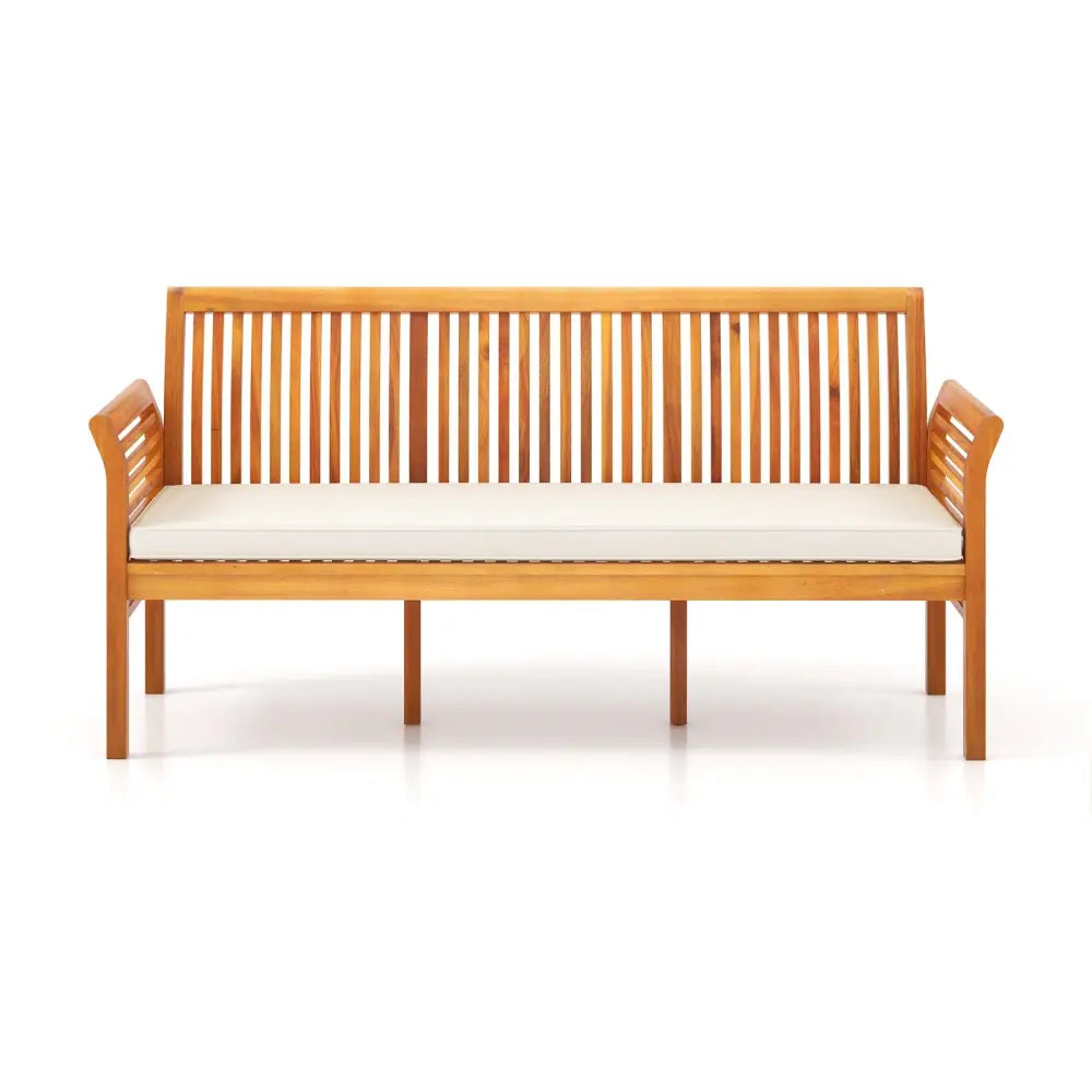 62.5 Inches Patio 3-Seat Wood Bench with Soft Seat Cushions-White - White - Beach & Lawn Chairs