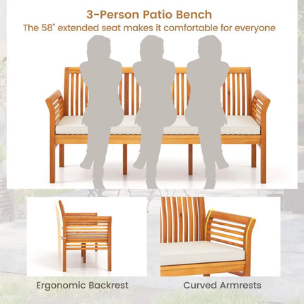 62.5 Inches Patio 3-Seat Wood Bench with Soft Seat Cushions-White - White - Beach & Lawn Chairs