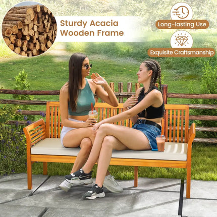 62.5 Inches Patio 3-Seat Wood Bench with Soft Seat Cushions-White - White - Beach & Lawn Chairs