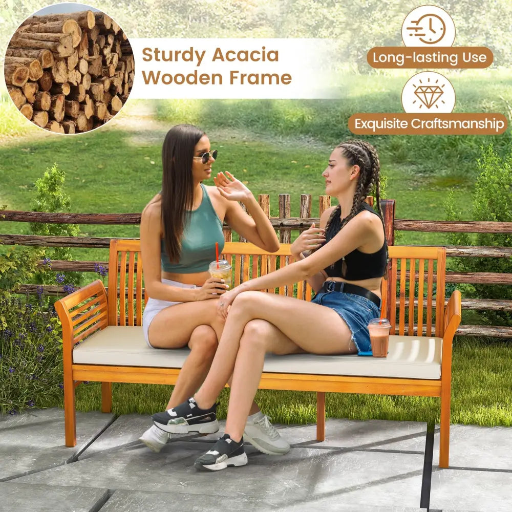 62.5 Inches Patio 3-Seat Wood Bench with Soft Seat Cushions-White - White - Beach & Lawn Chairs
