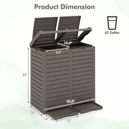 62 Gallon Outdoor Trash Can Waterproof Double Bin with Tiered Lid and Drip Tray-Coffee - Coffee - Garden Tools