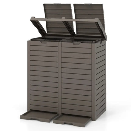 62 Gallon Outdoor Trash Can Waterproof Double Bin with Tiered Lid and Drip Tray-Coffee - Coffee - Garden Tools