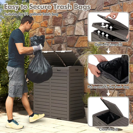 62 Gallon Outdoor Trash Can Waterproof Double Bin with Tiered Lid and Drip Tray-Coffee - Coffee - Garden Tools
