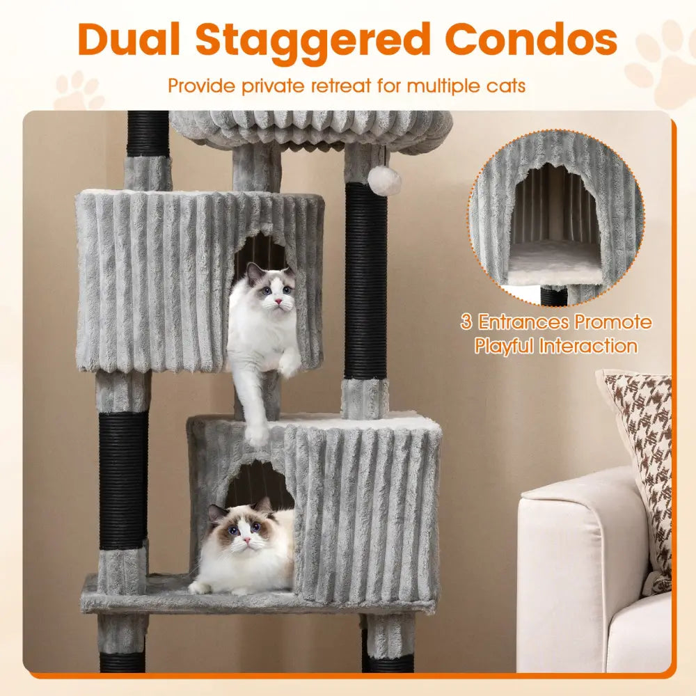62 Inch Tall Cat Tower with Scratching Posts and Soft Flannel Covering-Light Gray - Light Gray - Cat Trees Condos &
