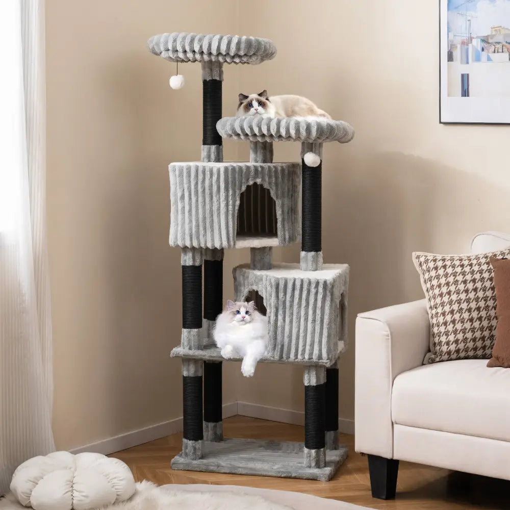 62 Inch Tall Cat Tower with Scratching Posts and Soft Flannel Covering-Light Gray - Light Gray - Cat Trees Condos &