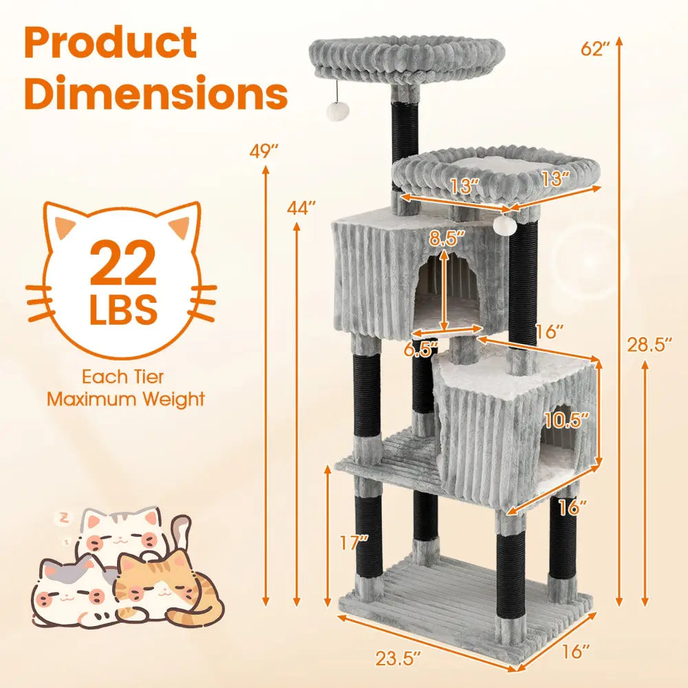 62 Inch Tall Cat Tower with Scratching Posts and Soft Flannel Covering-Light Gray - Light Gray - Cat Trees Condos &