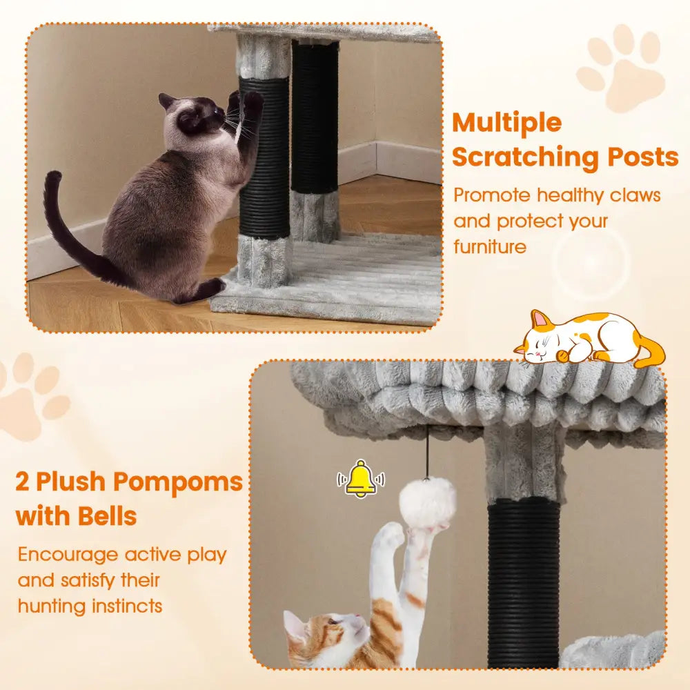 62 Inch Tall Cat Tower with Scratching Posts and Soft Flannel Covering-Light Gray - Light Gray - Cat Trees Condos &