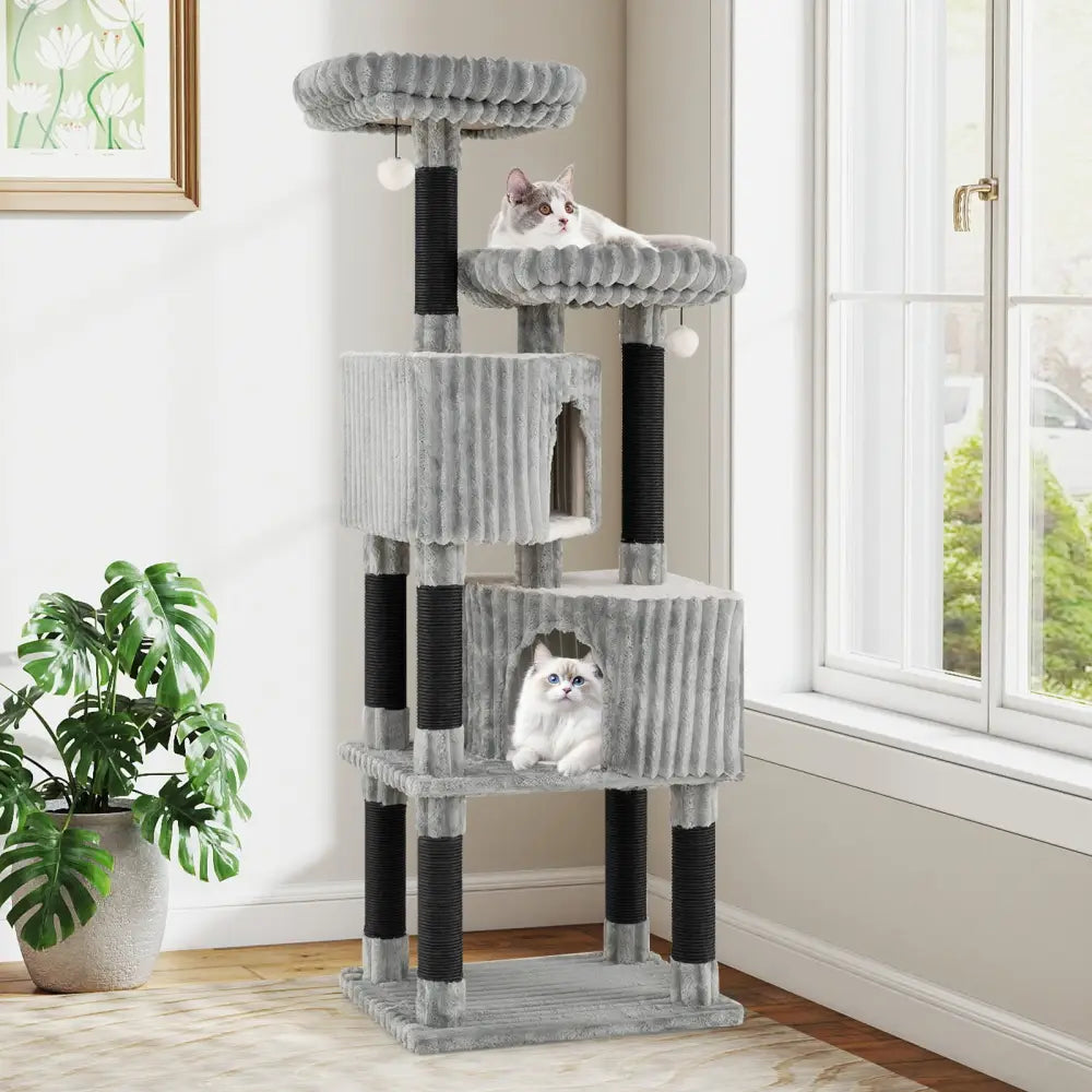 62 Inch Tall Cat Tower with Scratching Posts and Soft Flannel Covering-Light Gray - Light Gray - Cat Trees Condos &