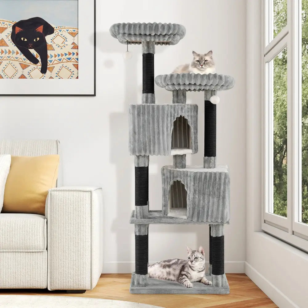 62 Inch Tall Cat Tower with Scratching Posts and Soft Flannel Covering-Light Gray - Light Gray - Cat Trees Condos &