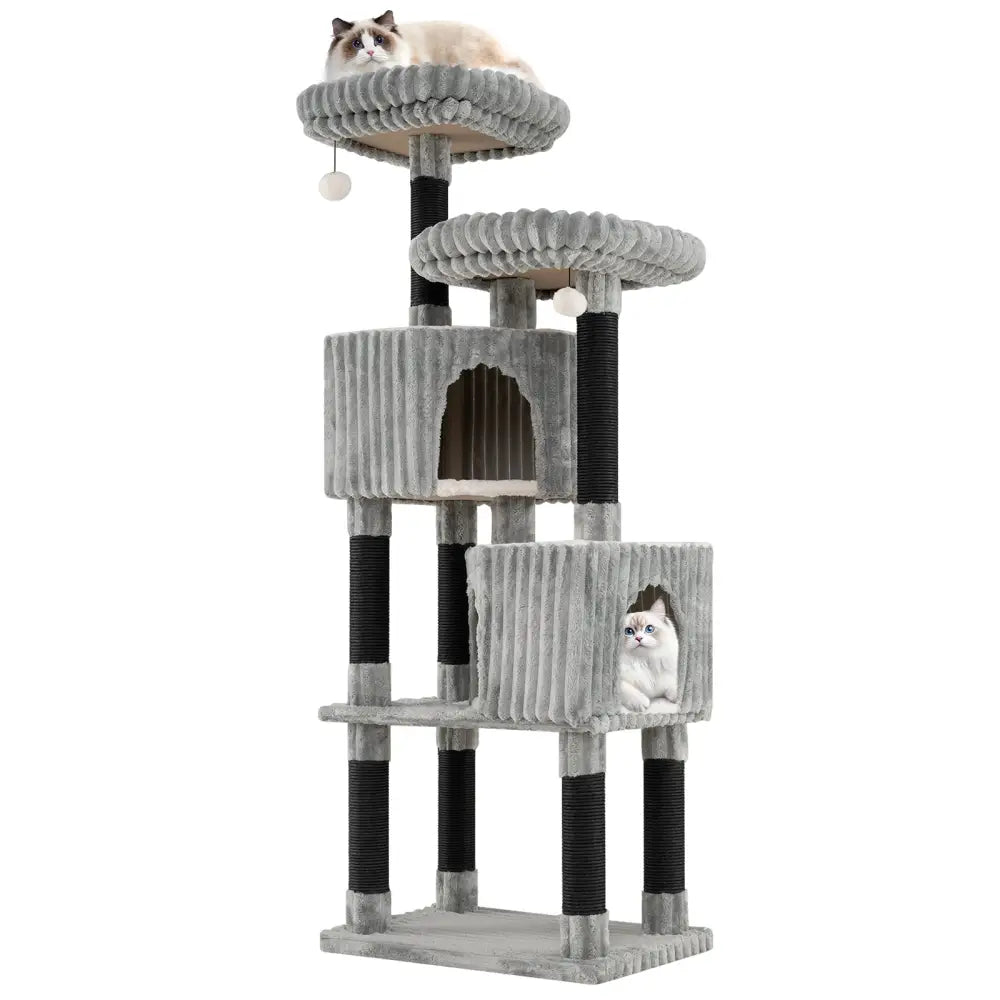 62 Inch Tall Cat Tower with Scratching Posts and Soft Flannel Covering-Light Gray - Light Gray - Cat Trees Condos &