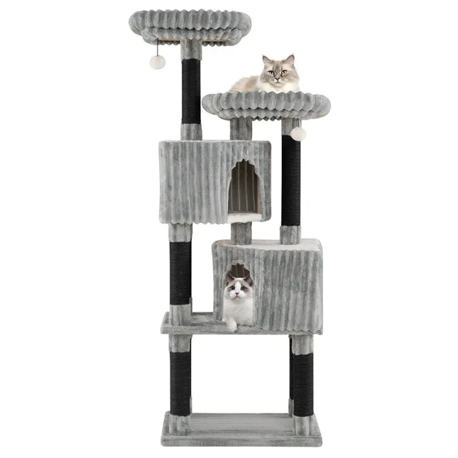 62 Inch Tall Cat Tower with Scratching Posts and Soft Flannel Covering - Light Gray - Oasis Home Essentials