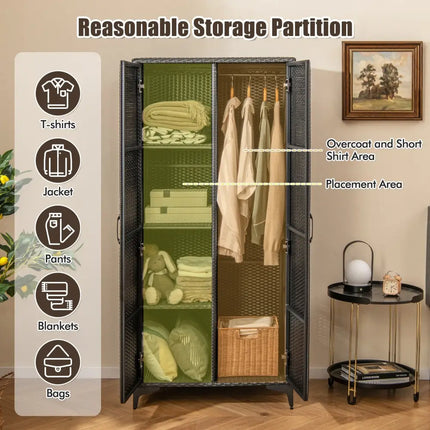 62 Inch Wicker Wardrobe with 2 Doors PE Rattan Closet with Hanging Rod-Black - Black - Armoires & Wardrobes