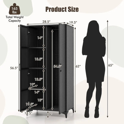 62 Inch Wicker Wardrobe with 2 Doors PE Rattan Closet with Hanging Rod-Black - Black - Armoires & Wardrobes